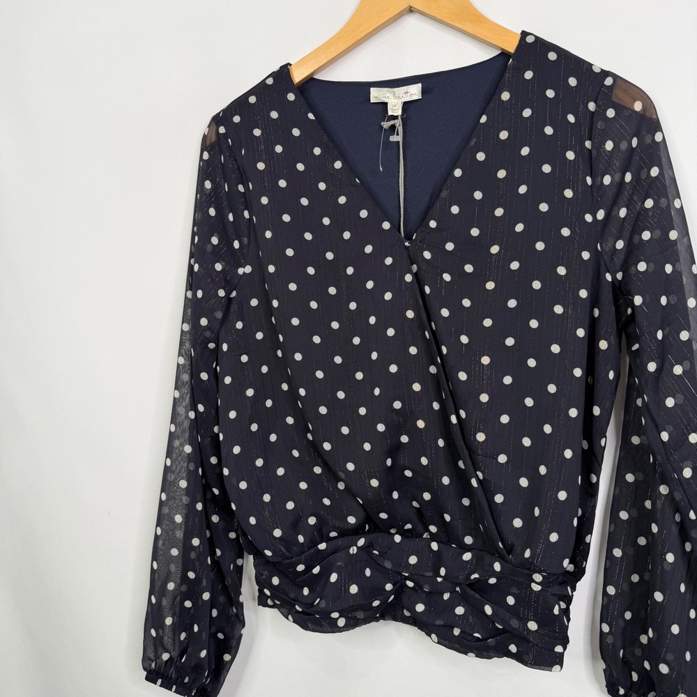 Nine Britton Inez Chiffon Smocked Bottom Blouse Navy Polka Dot Metallic SP NWT - Picture 4 of 8